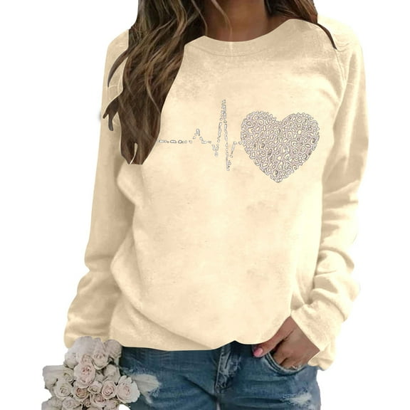 XIAONU Womens Sweatshirts Retro Heart-Print Round-Neck Pullover Sweatshirt Baggy Peasure Trendy Long Sleeve Hoodless Sweatshirt