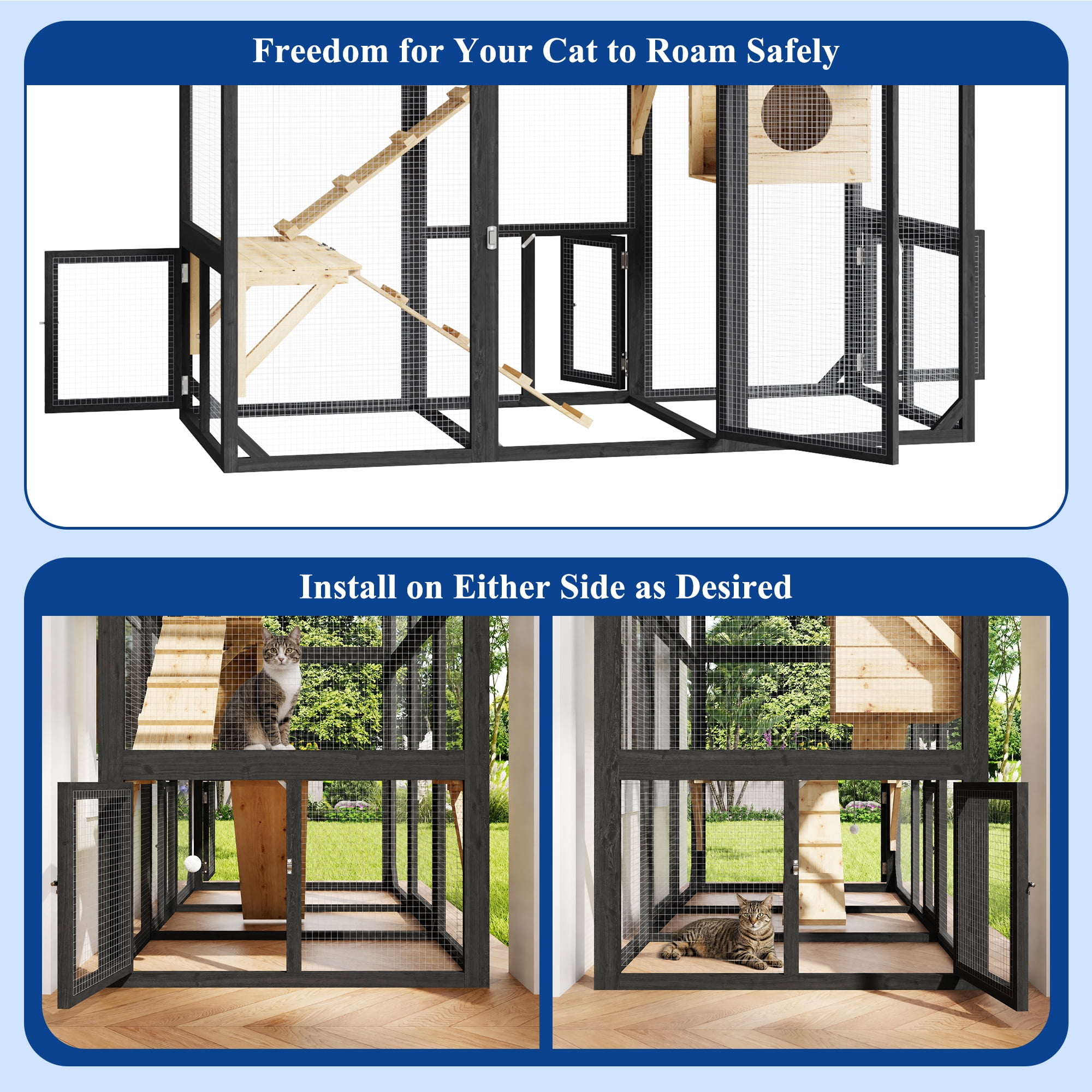 ANPOO 71''Luxury Walk-In Outdoor Catio, Large Wooden Cat Enclosure with Sloped Weatherproof Roof, Multi-Level Cat House with Cat Condo, Sisal Post & Ramps, Escape-Proof Cat Cage for Multiple Cats