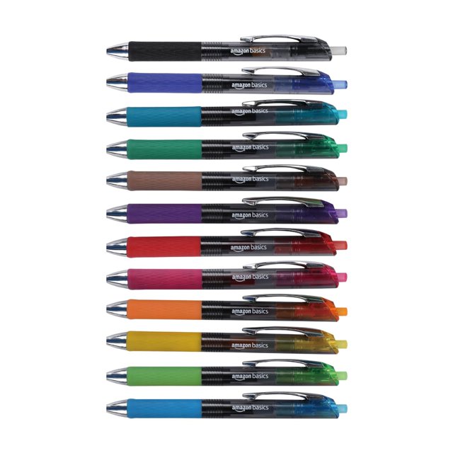 Amazon Basics - Bolígrafos de gel retráctiles con punta fina de 0.7 mm, sin manchas, colores surtidos, 12 unidades (paquete de 1)
