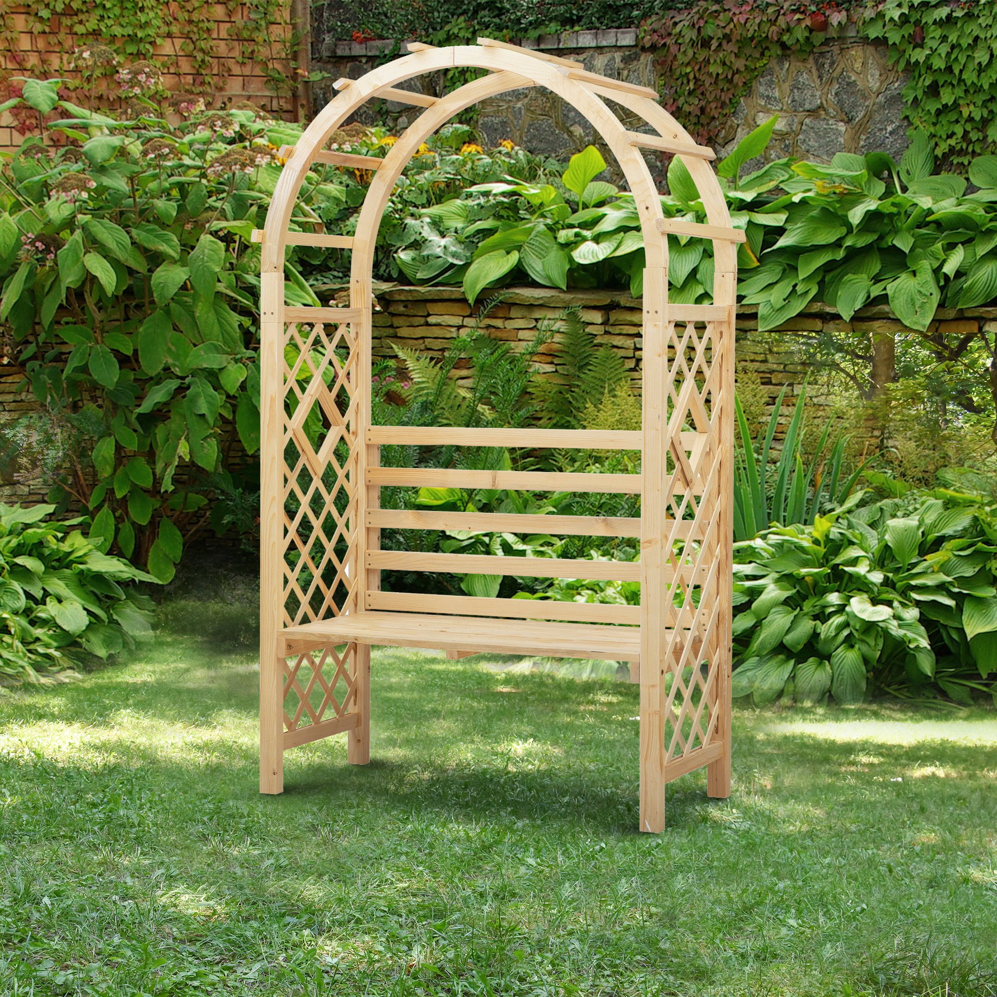 wooden garden bench with arch