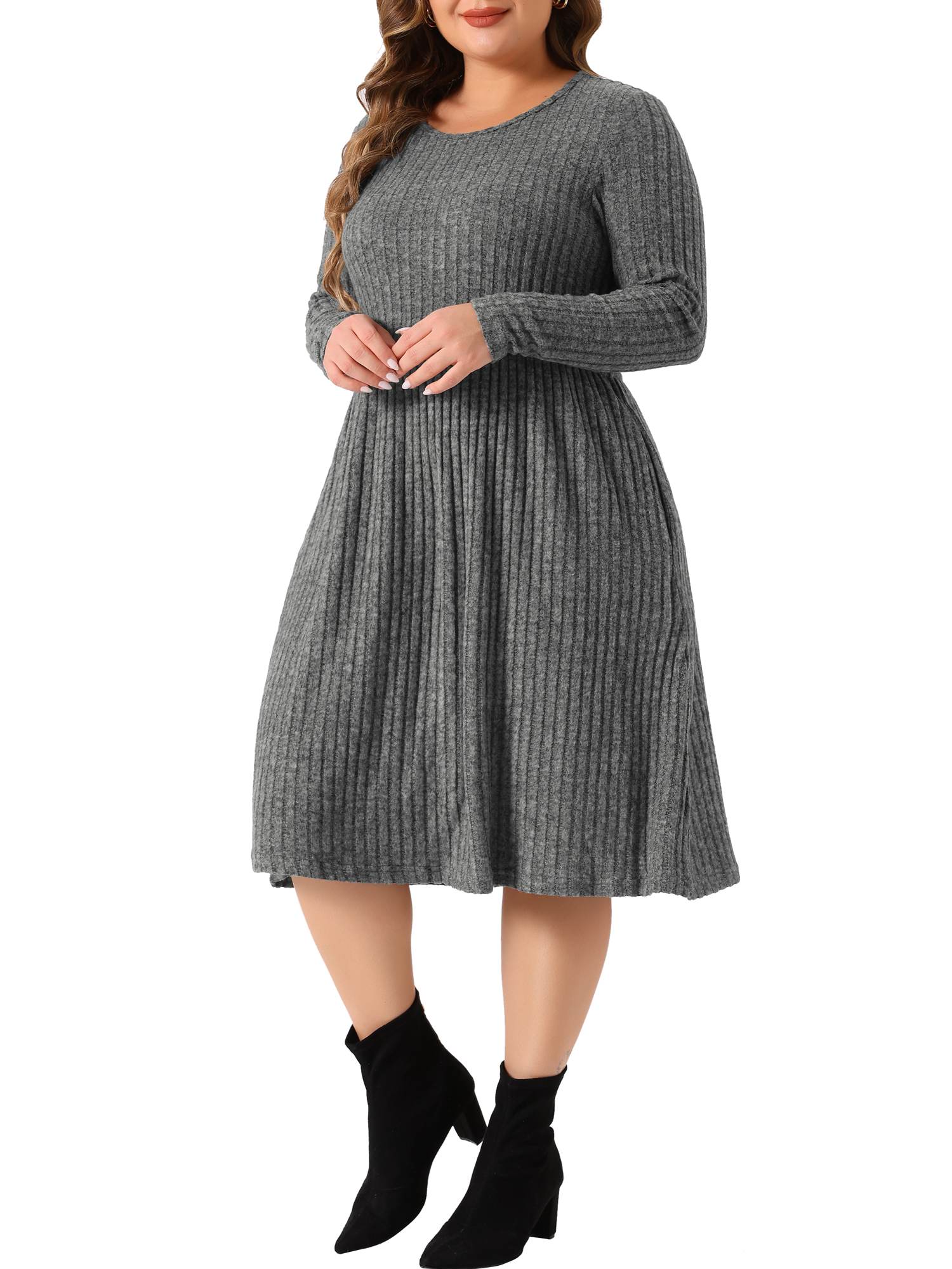 DARING DIVA Plus Size Round Neck Long Sleeve Casual Knit Dress 2X Gray