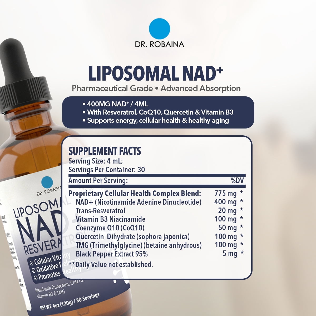 Dr. Robaina Liposomal NAD+ Resveratrol Liquid Supplement - CoQ10 & Quercetin - Anti-Aging & Cellular Energy (4 fl oz)