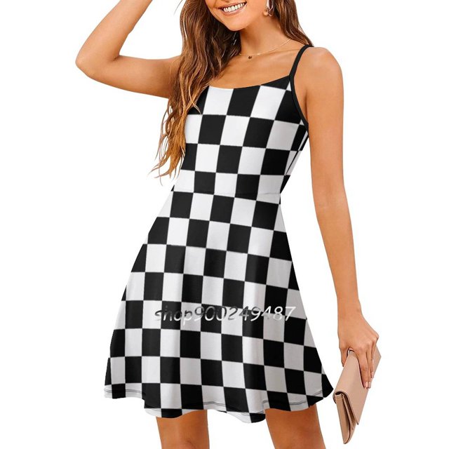 Black Checkerboard Sweetheart Knot Flared Dress Fashion Design Large Size Loose Dress Checkers Checkerboard Checkerboard