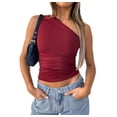 thumbnail image 1 of Blusa Asimétrica de Punto Fruncido con un Hombro Al Descubierto para Mujer, Estilo Y2K, Verano 2025 Vino Tinto L, 1 of 10