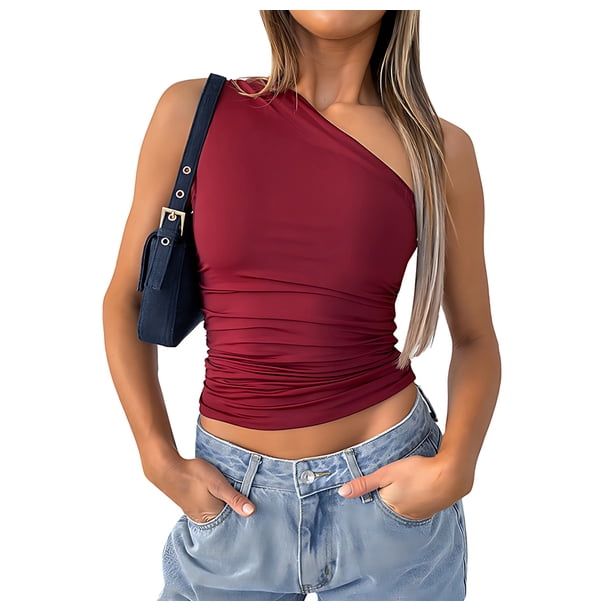 Blusa Asimétrica de Punto Fruncido con un Hombro Al Descubierto para Mujer, Estilo Y2K, Verano 2025 Vino Tinto XS