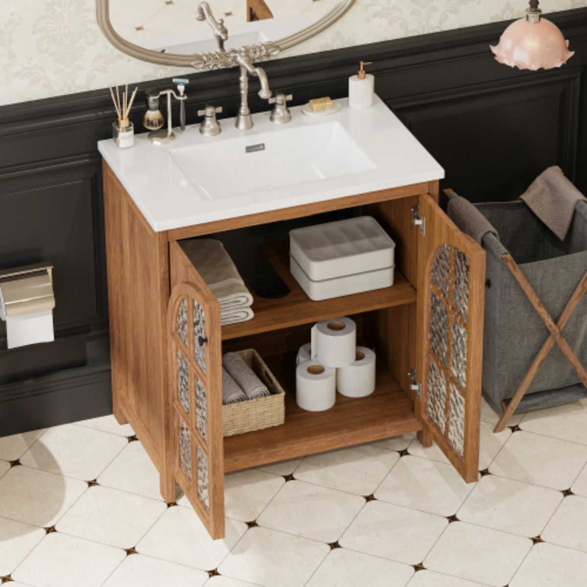 31" Bathroom Vanity with Ceramic Sink, Vintage Rustic Bathroom Cabinet, Soft Close Doors, Adjustable Shelf, Bronze Pulls, Antique Natural