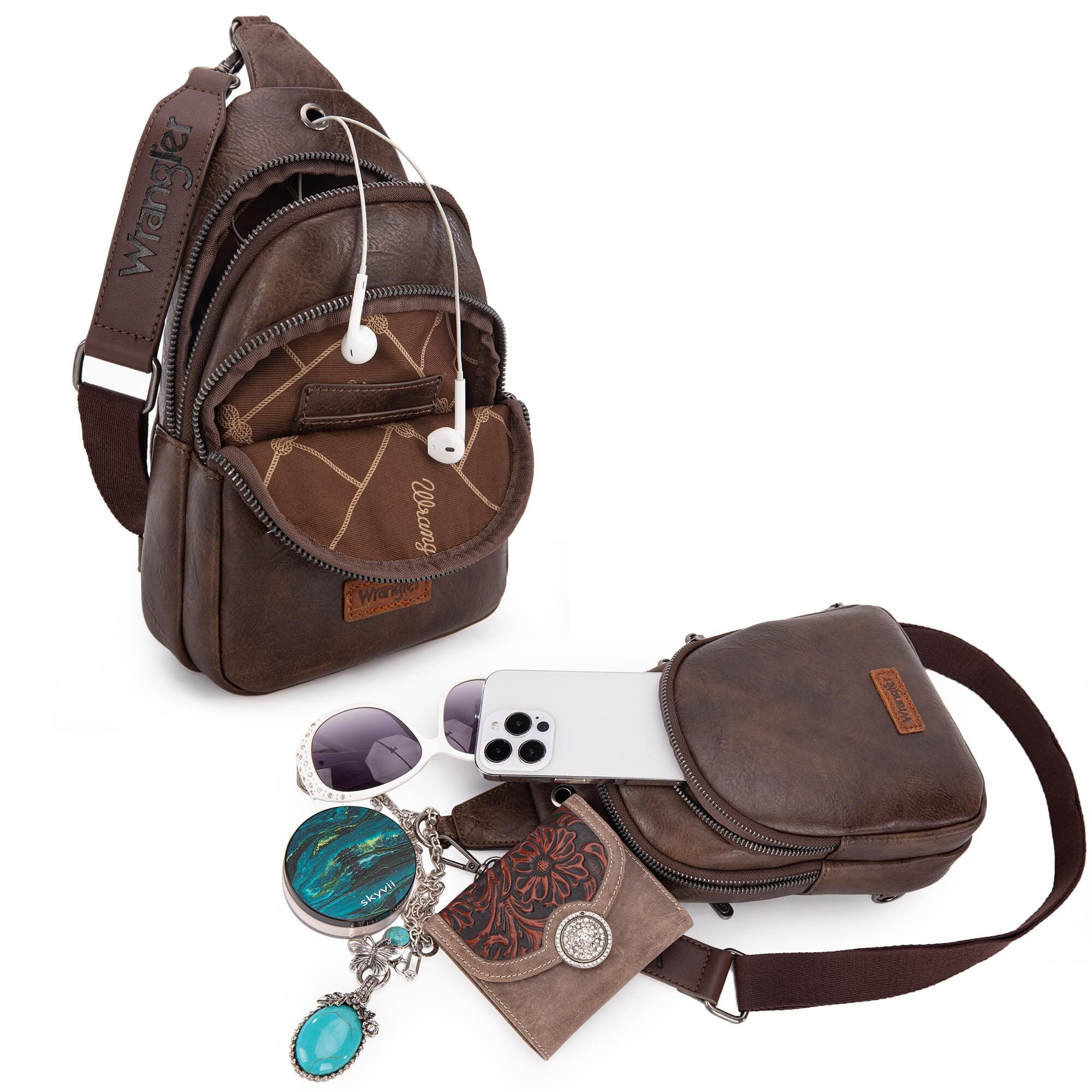 Wrangler Small Crossbody Sling Bags for Women Fanny Packs Chest Bag for Travel Gift, Coffee