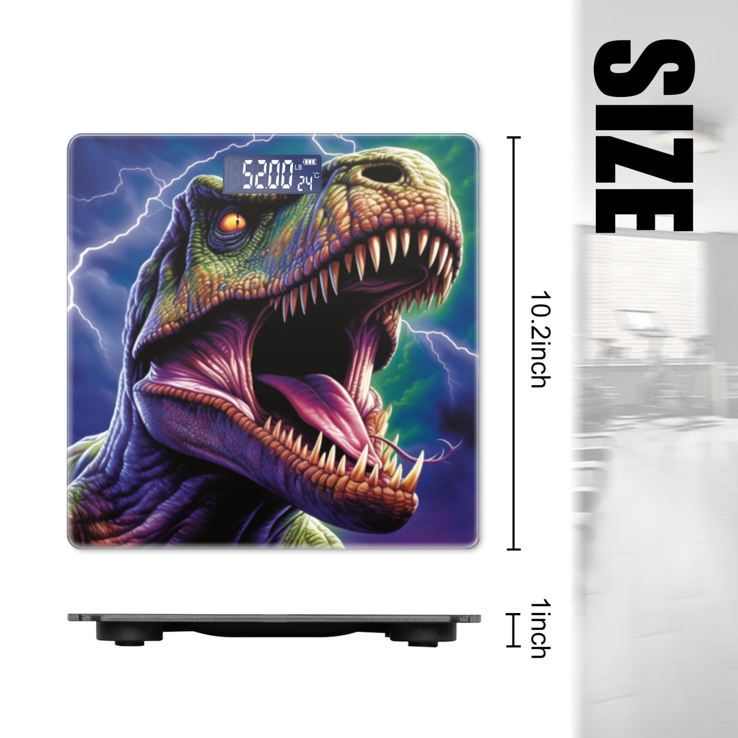 Bathroom Scale, Highly Accurate Digital Body Scale,Precisely Measures Weight up to 400 lbs-T-Rex Roaring With Mouth Open Green And Purple Scales