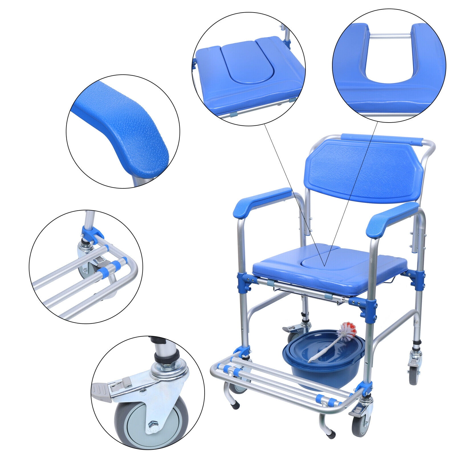 Medical Shower Commode Wheelchair Transport Chair Mobility Bedside Toilet 350lbs
