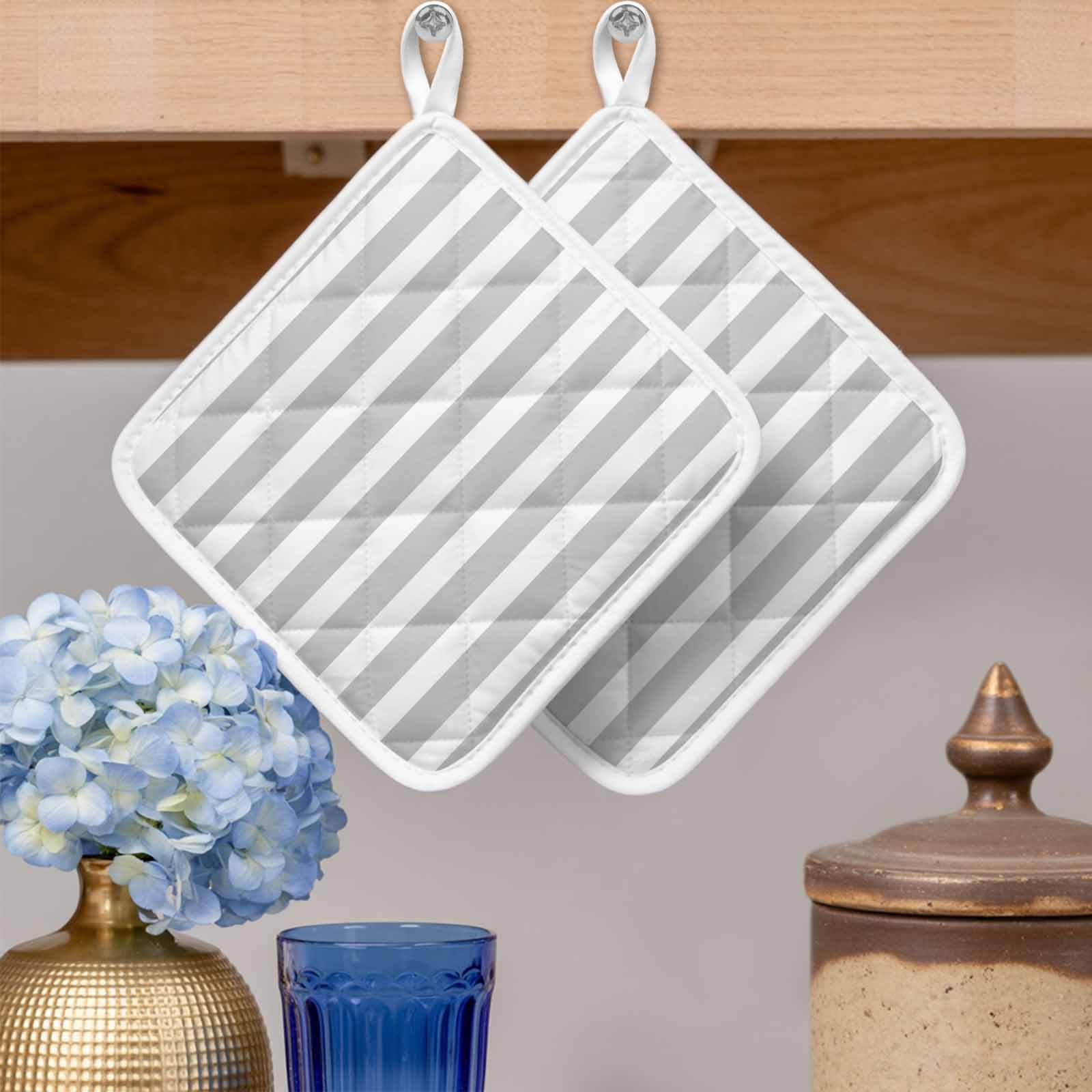 Grey Striped Pot Holders for Kitchen Heatproof Potholder, 2 Pack Modern Farmhouse Gray White Stripes Hot Pads Multipurpose Oven Pads Cloth Potholders Trivet for Cooking and Baking