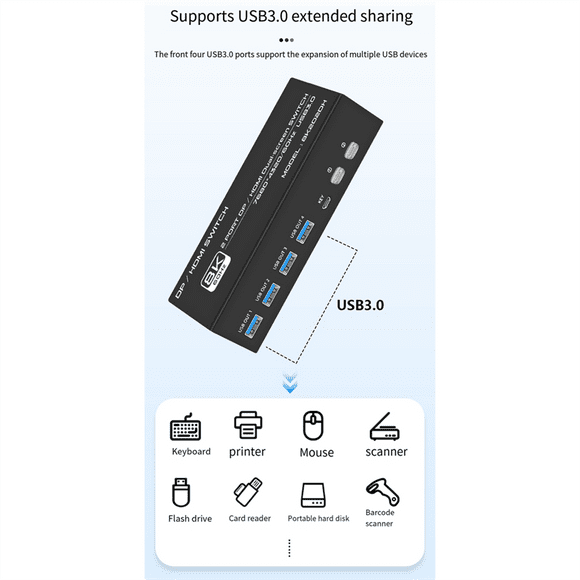 8K 60Hz DP/-Compatible KVM Switch USB 3.0 2 Monitors 2 Computers KVM Switch for Mouse Keyboad Monitor US Plug