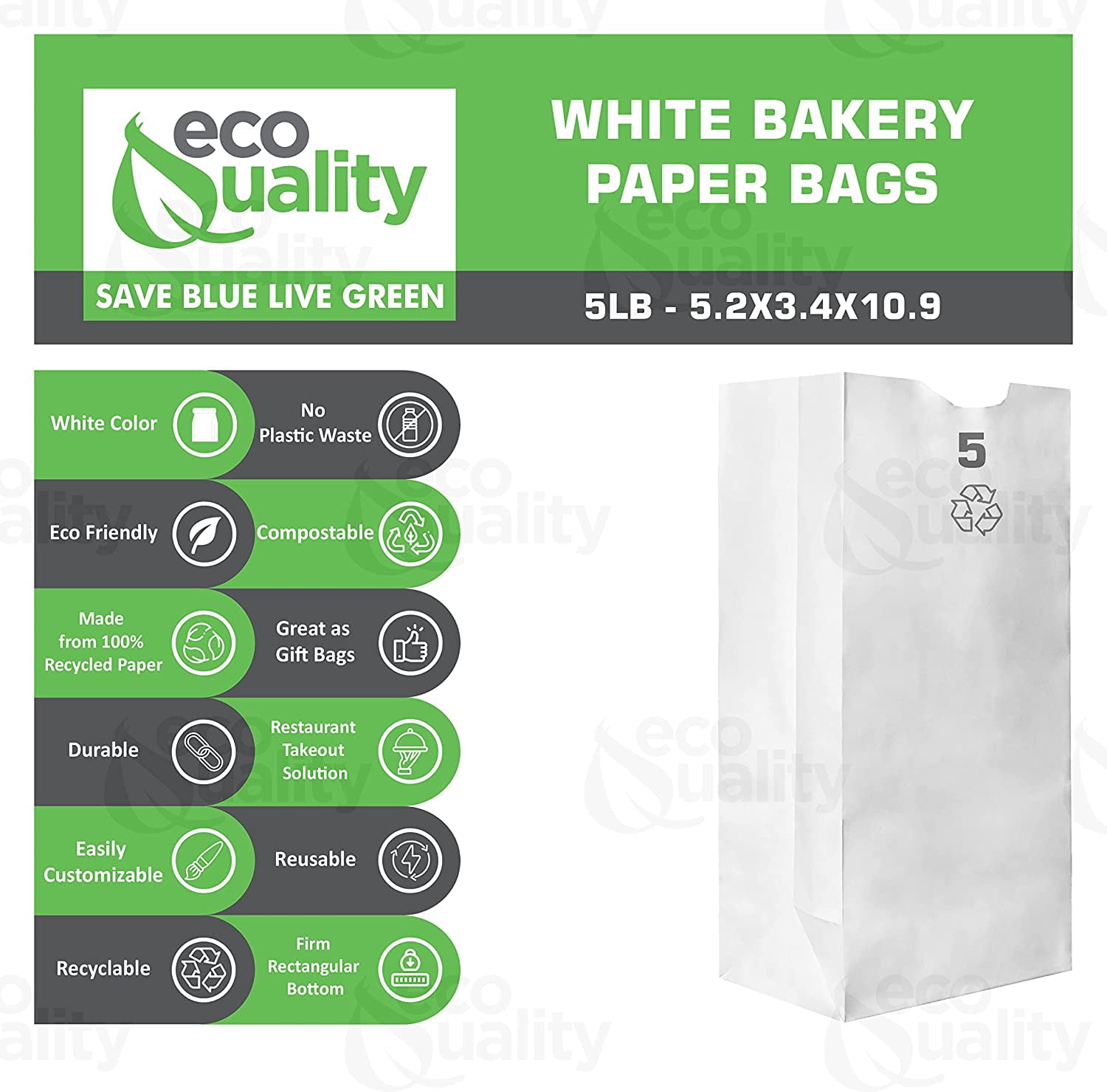 Paper Lunch Bags 5 Lb White Paper Bags 5LB Capacity - Kraft White Paper Bags, Bakery Bags, Candy Bags, Lunch Bags, Grocery Bags, Craft Bags - #5 Medium Lunch Paper Bags by EcoQuality (300, #5 - 5LB)