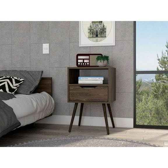 Depot E-Shop Emma Nightstand With Drawer And Open Shelf, Dark Walnut
