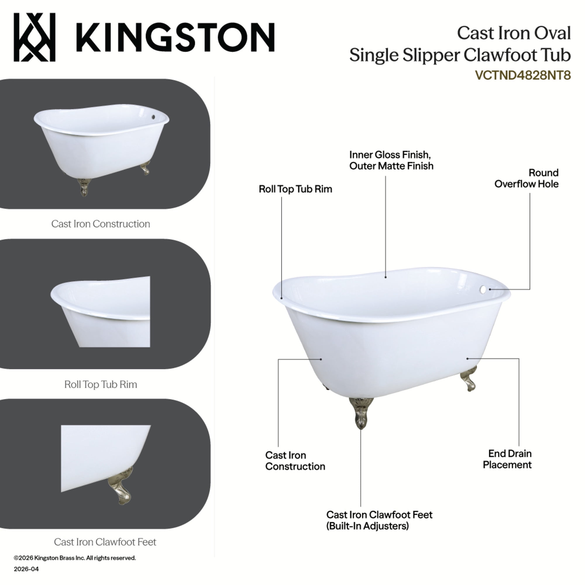 Aqua Eden VCTND4828NT2 48-Inch Cast Iron Oval Single Slipper Clawfoot Tub (No Faucet Drillings) in White/Polished Brass