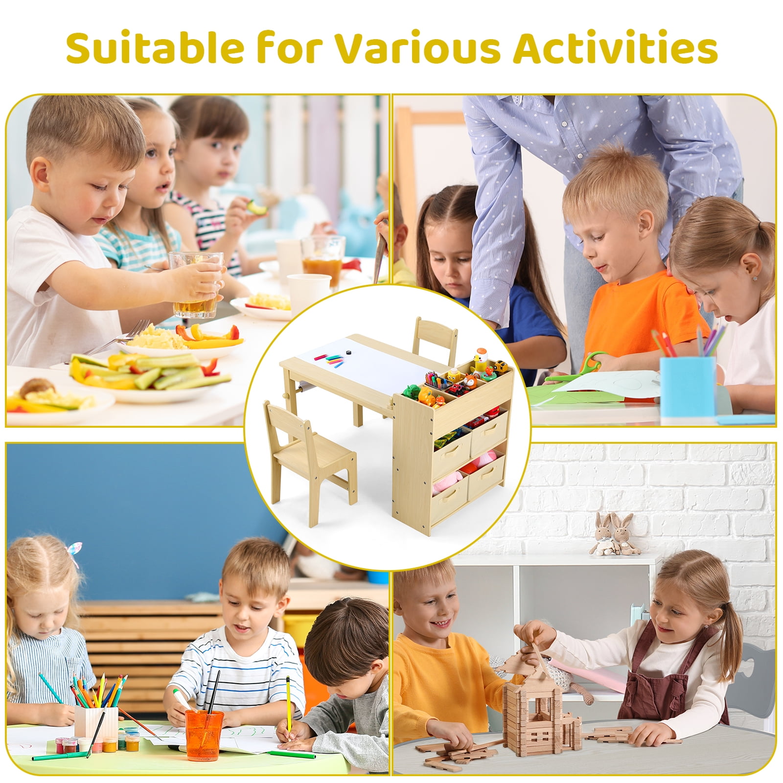 Arlopu Kids Art Table and 2 Chairs Set with Paper Roll, Toddler Craft Drawing Table, Children Play Activity Table with Storage Space