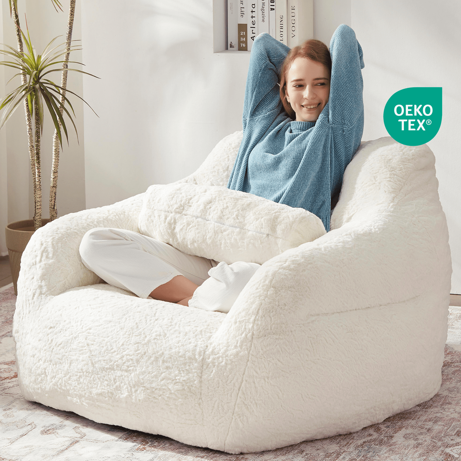 Ebenchico 3.8ft Oversized Bean Bag Chair for Adults Teens Kids, Beanbag Chairs with Pillow, Reading Gaming Relaxing Chair, White