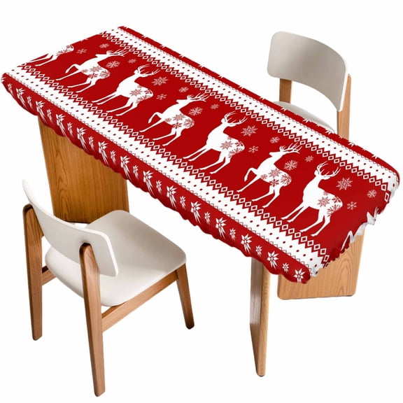 Christmas Elk Table Cloths for 8 Foot Rectangle Tables, Xmas Snowflakes Vintage Red Geometric Art Patio Waterproof Elastic Fitted Tablecloths, Washable Rectangular Table Cover for Camping