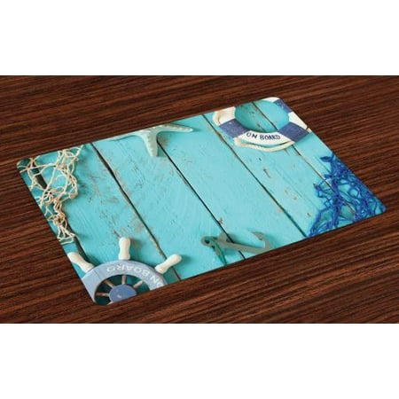 Navy Blue Table Mats Nautical Placemats Set of 4 Nautical Lifestyle Theme Vintage Steering Wheel Stars Net Lifebuoy, Washable Fabric Place Mats for Dining Room Kitchen Table Decor,Turquoise Navy Blue White, by Ambesonne ()