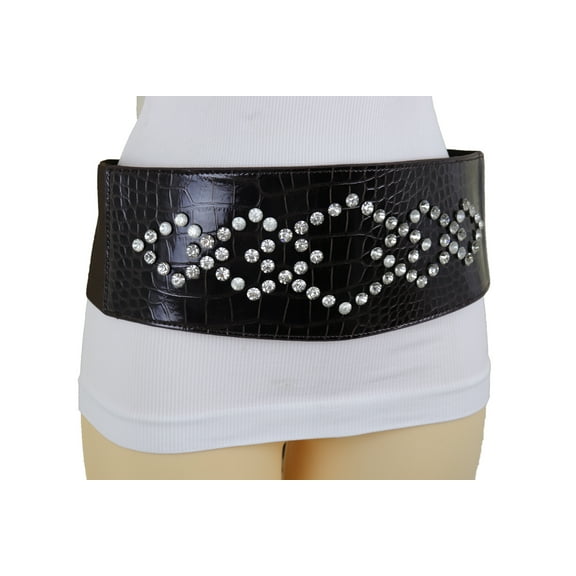 Women Wide Faux Leather Dark Brown Elastic Belt Squares S M