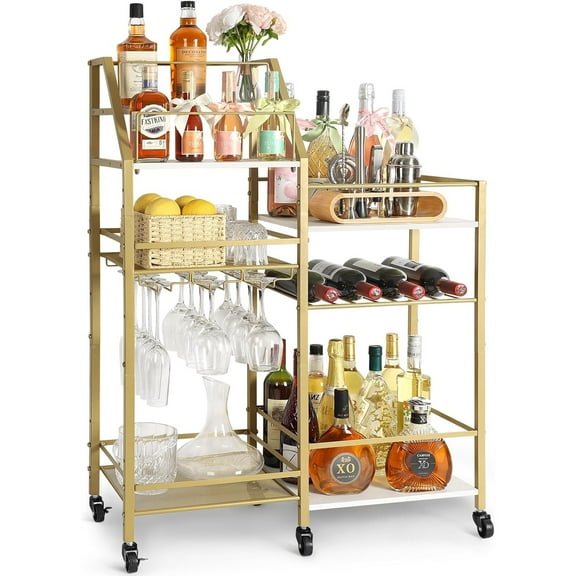 Gold Bar Cart With Wine Glass Holder, Stand for Home, Small Mini Bar for Whiskey Wine, Liquor Cart, Alcohol Cabinet for Kitchen, Dining Room