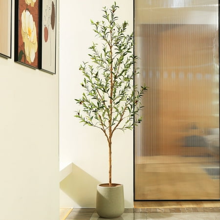 Condition photo showing New/Like New for dr.planzen 7 feet artificial olive tree indoor, tall faux olive tree in black plastic pot, artificial plants with natural wood trunk and lifelike fruits for home office decor
