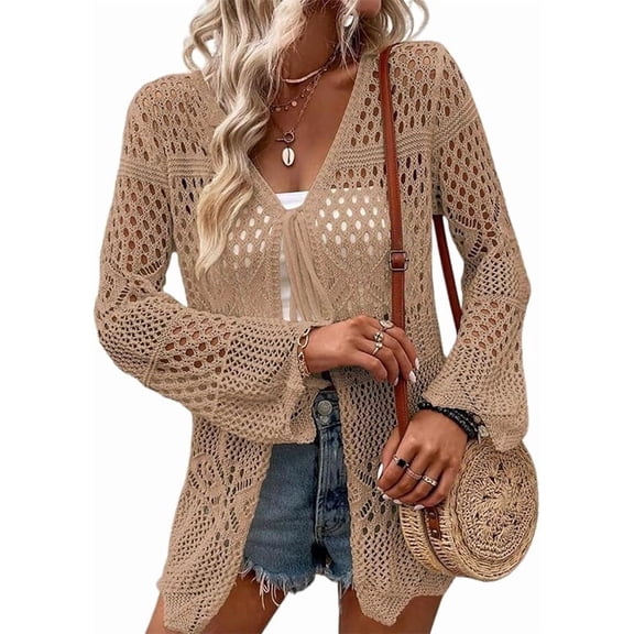 WQD Women Crochet Cardigan for Summer Spring Fall, Lightweight Oversized Tie Front Hollow Out Long Sleeves Kimono Boho Knit Beach Cover Up with Swimsuit, Bikini, Bathing Suit