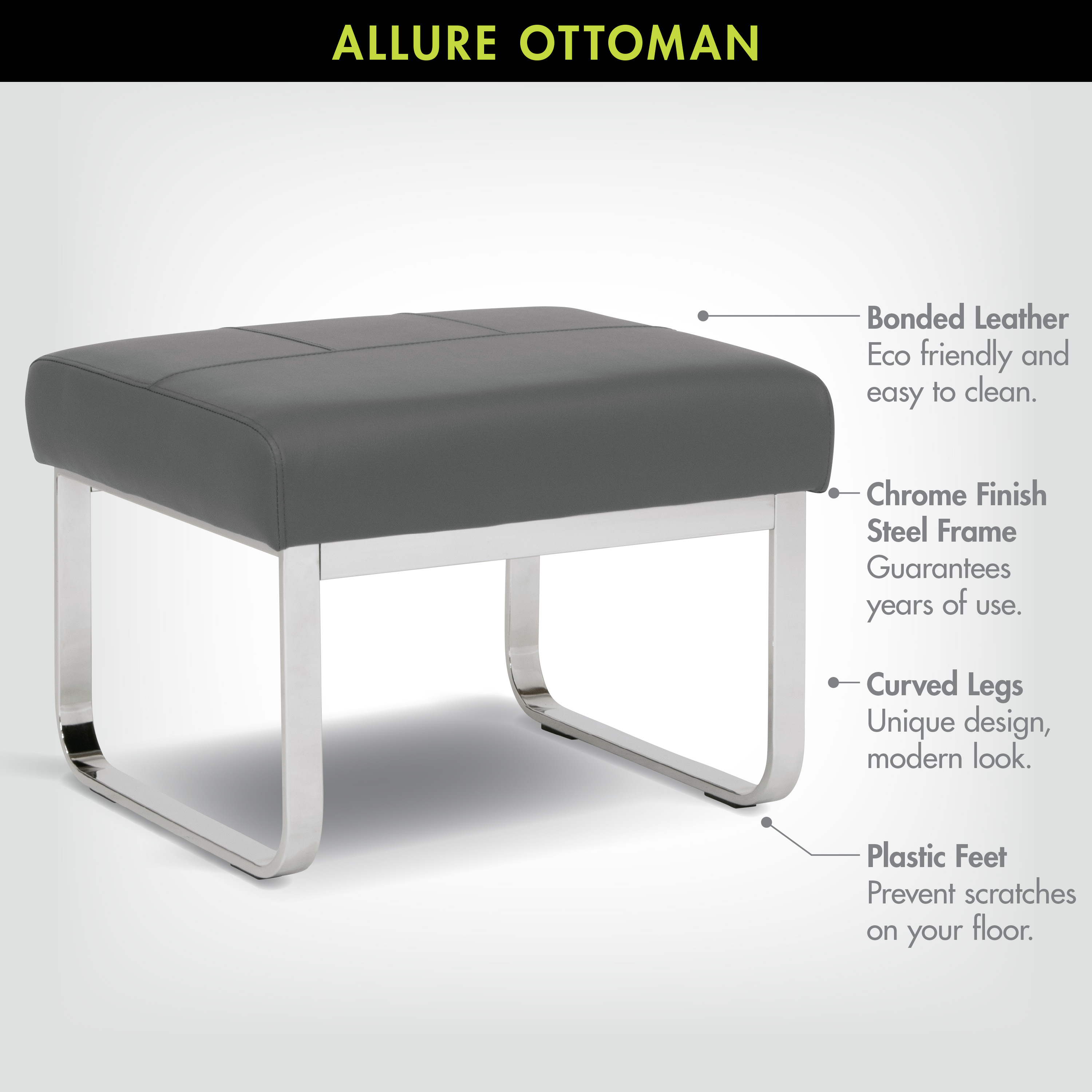 Studio Designs Home Allure Modern Blended Leather Ottoman, Gray