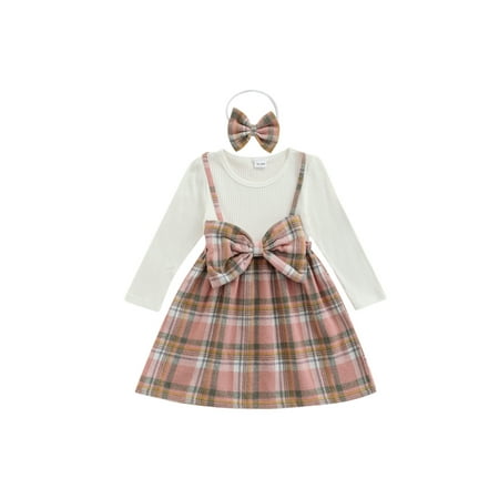 

One Opening Princess Baby Girls Autumn Dress With Headband 2pcs Big Bowknot Plaid Patchwork Long Sleeve A-Line Dress