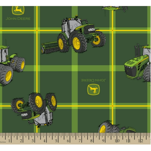 John Deere Square Plaid Tractors Green Cotton Fabric