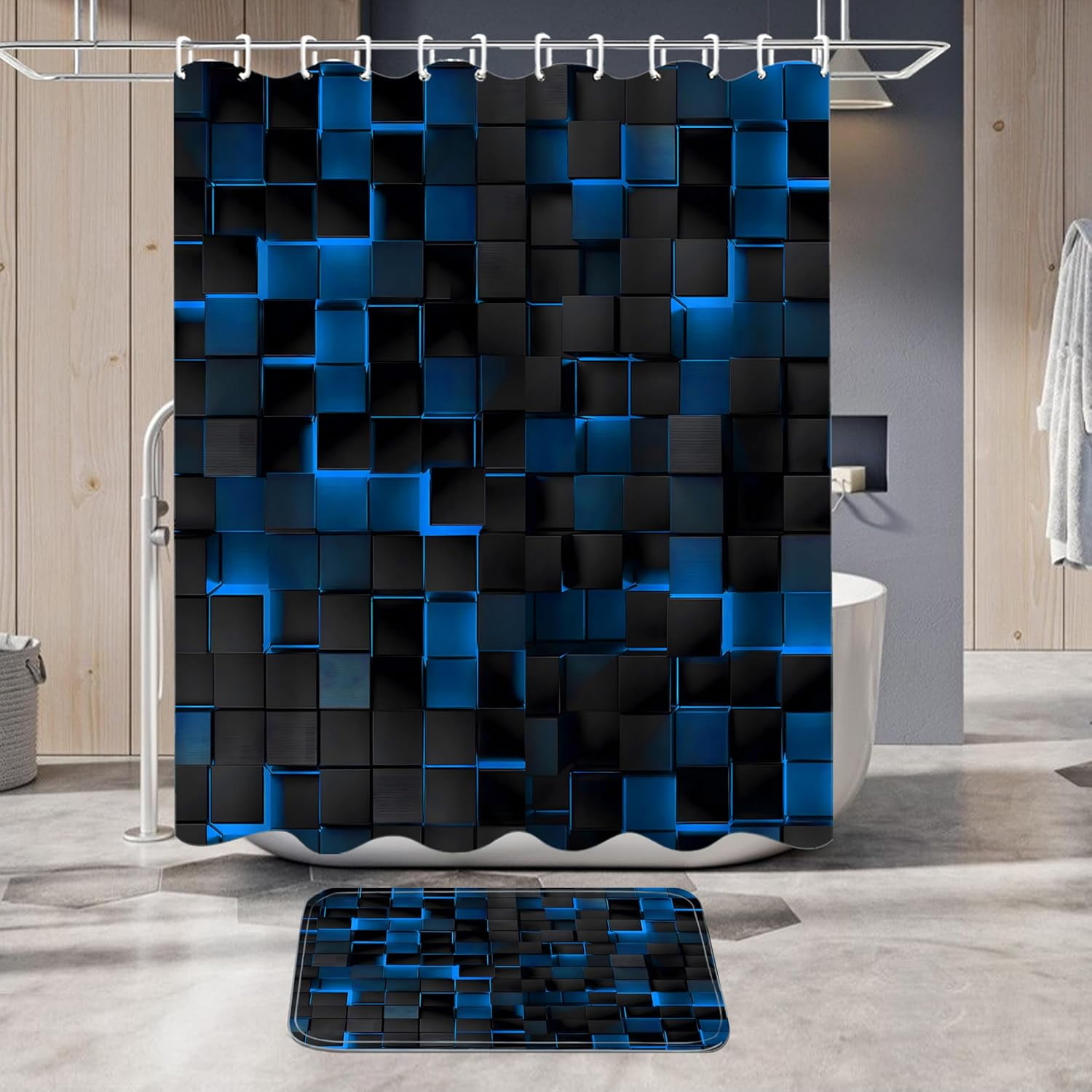 4Pcs Blue Shower Curtain Set 3D Cubes Bathroom Sets Modern Shower Curtain Set for Bathroom Sets with Rugs Black and Blue Shower Curtain with 12 Hooks