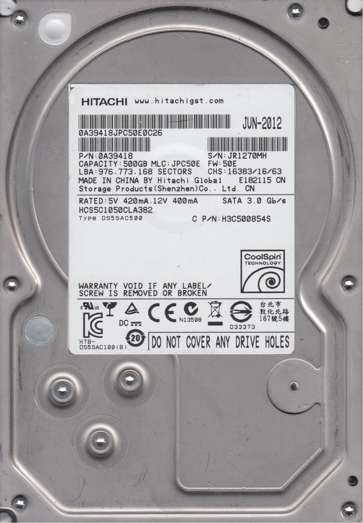 HDS721050CLA362, PN 0F10759, MLC JPT3EA, Hitachi 500GB SATA 3.5