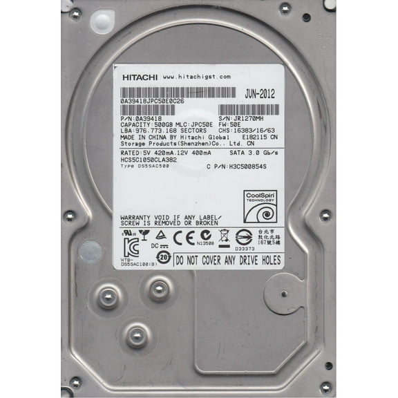HCS5C1050CLA382, PN 0A39418, MLC JPC50E, Hitachi 500GB SATA 3.5 Hard Drive