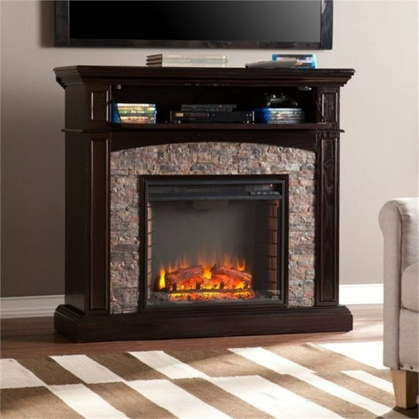 Faux Stone Fireplace Tv Stand In Ebony, Electric Fireplace Stone Tv Stand