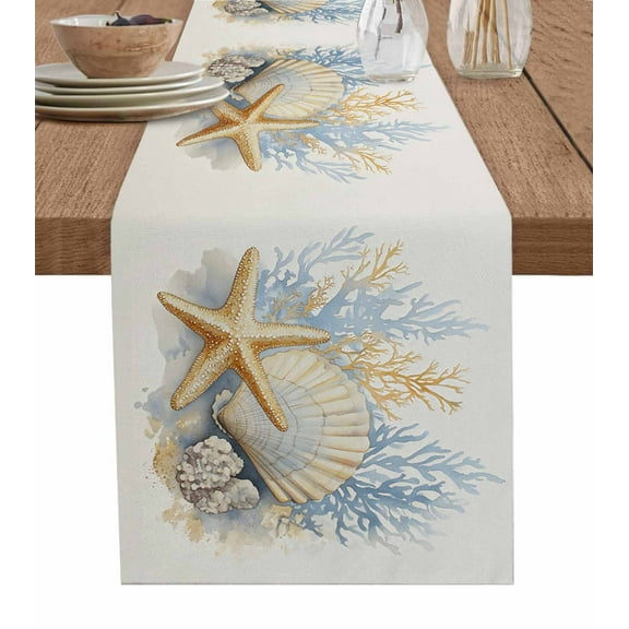 Table Runner Dresser Scarf 14 x 72 Inch Coral Shell Starfish Coastal Ocean Vintage Table Runners Non-Slip Heat Kitchen Dining Table Decor for Indoor Outdoor Home Party Decoration