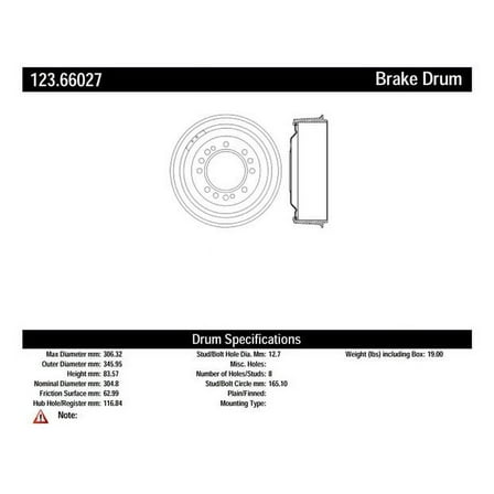 Centric Parts Brake Drum P/N:123.66027 Fits select: 1966 CHEVROLET C30, 1966-1967 CHEVROLET P30