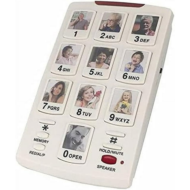 Big Button Amplified Speakerphone Photo Frame Picturephone Speed Dial with 10 memory photo keys for one-touch or two-touch dialing, doubling as a photo frame for personalized use. The device includes a 2-way speakerphone with volume control, a mute/hold button that plays music, and a bright LED indicator for ringer and in-use functions. It is wall-mountable, powered by a phone jack, and does not require batteries or an AC adapter. Designed for ease of use, it features a toggle switch for normal or one-touch dialing modes, making it suitable for individuals with dementia or Alzheimer’s. The unit also includes a redial/pause key, memory key, and music on hold functionality, combining communication and photo display in one device.