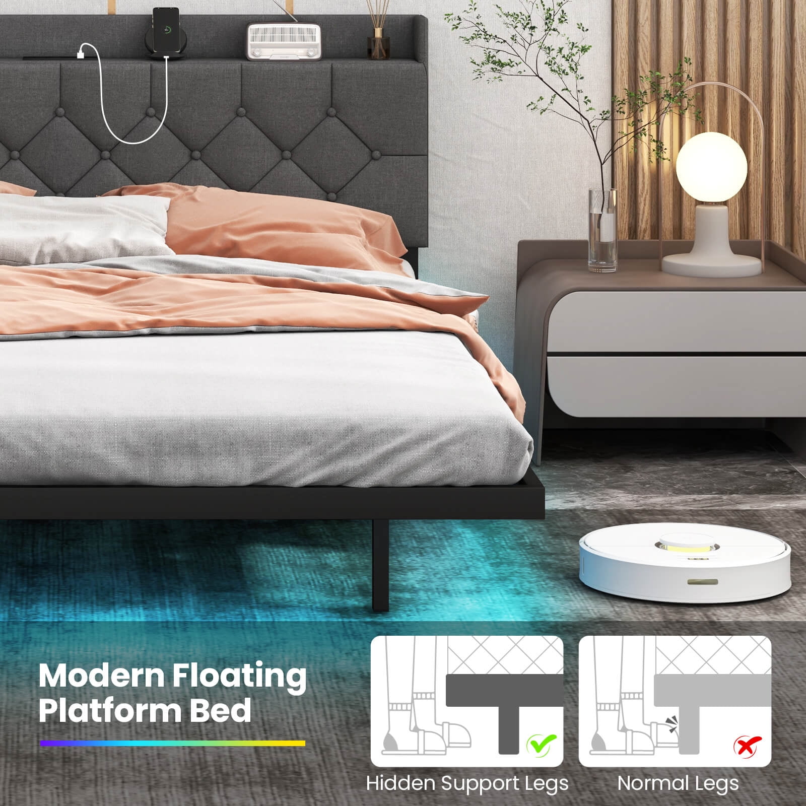 Infans Queen Size Floating Bed Frame with LED Lights Adjustable Upholstered Headboard