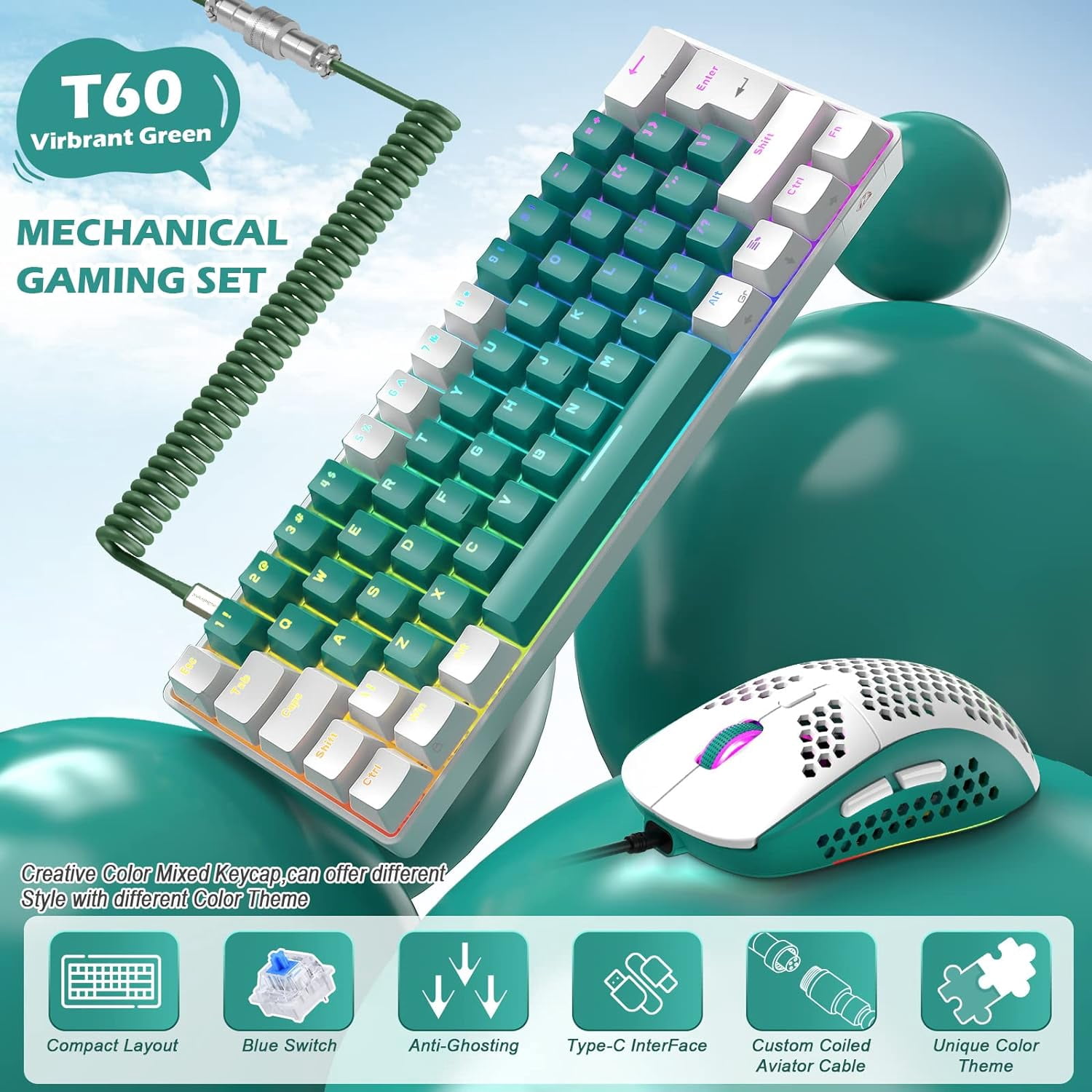 ZIYOULANG T60 Backlit Mini Wired Mechanical Gaming Keyboard & Mouse Combo, Green & Blue