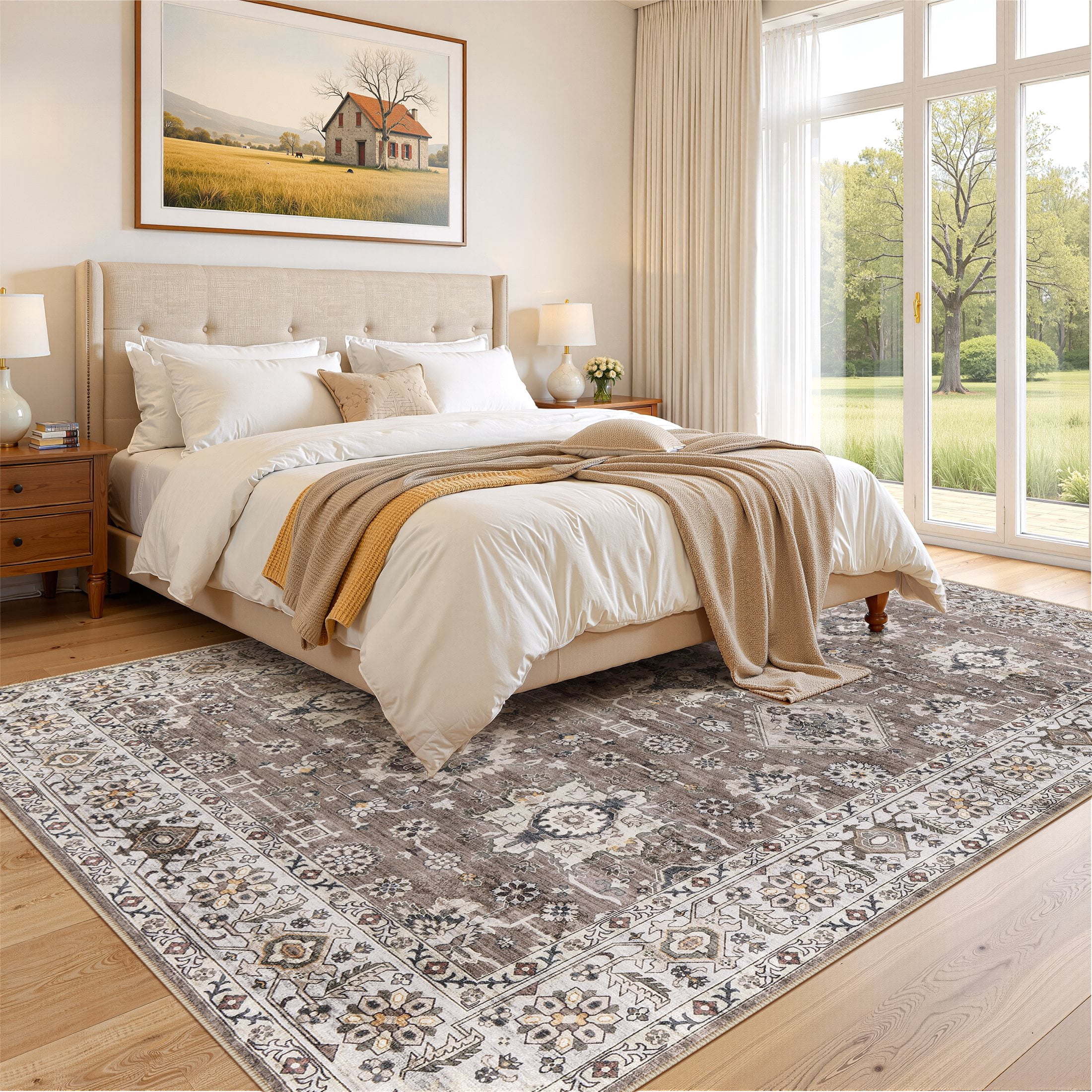 Uermei 10'x14' Large Area Rugs for Living Room: Non-Slip Indoor Carpet, Large Washable Vintage Foldable Rug for Bedroom Dining Room Office - Brown