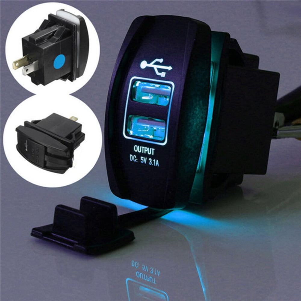 Motorcycle USB Charger,Car DC 12V-24V Blue LED Dual USB Charger Carling ARB Rocker Switches 5V 3.1A 