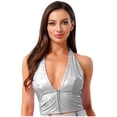 thumbnail image 1 of TSSOE Womens Glossy Leather Crop Tops Deep V Neck Punk Rivets Front Zip Tank Top Bodycon Vest Silver S, 1 of 5