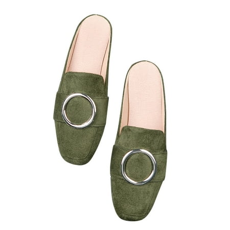 Mepaouo Loafers Mules for Women Square Toe Suede Leather Flat Shoes Slip On Walking Shoes