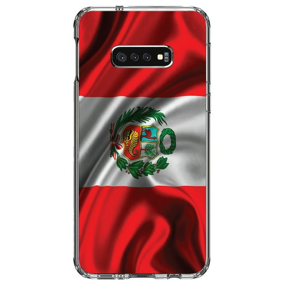 DistinctInk Clear Shockproof Hybrid Case for Samsung Galaxy S10e (5.8" Screen) - TPU Bumper, Acrylic Back, Tempered Glass Screen Protector - Peru Waving Flag - Peru