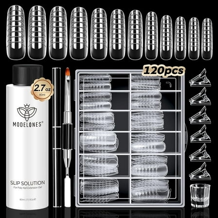 modelones Slip Solution for Poly Gel, 2.8oz Anti-Stick Gel Liquid for Poly Gel Nails with 120Pcs Flat Dual Nail Forms Nail Tips Clips Kit