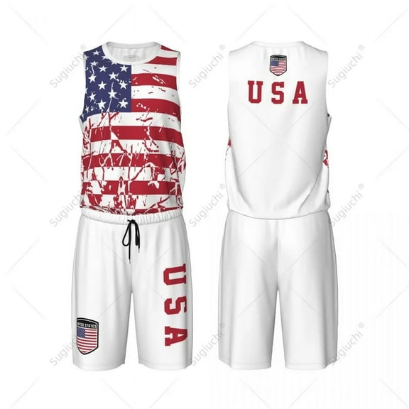 Team-up United States Flag Grain Men Basketball Jersey Set Shirt & Pants Sleeveless Custom Name Nunber Exclusive