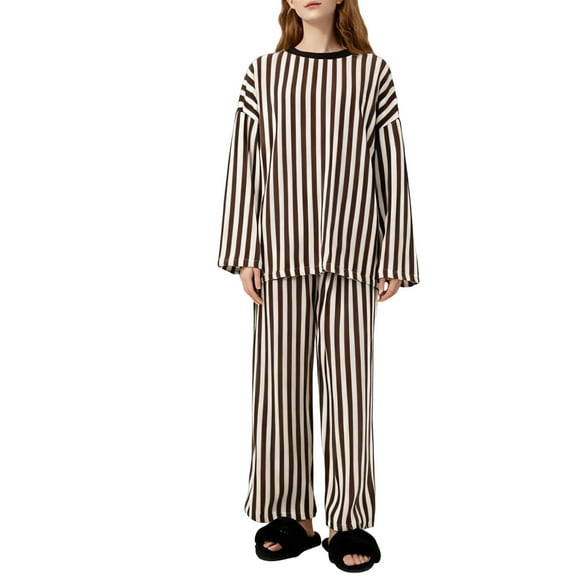COM1950s Women's Pajama Sets, Women's Warm Pajamas Set, Solid Color, Round Neck, Striped Long Sleeved Shirt, Flannel Long Pants, Nightgown, Home Suit, Flannel Shirts for Women, Sweatshirts for Women