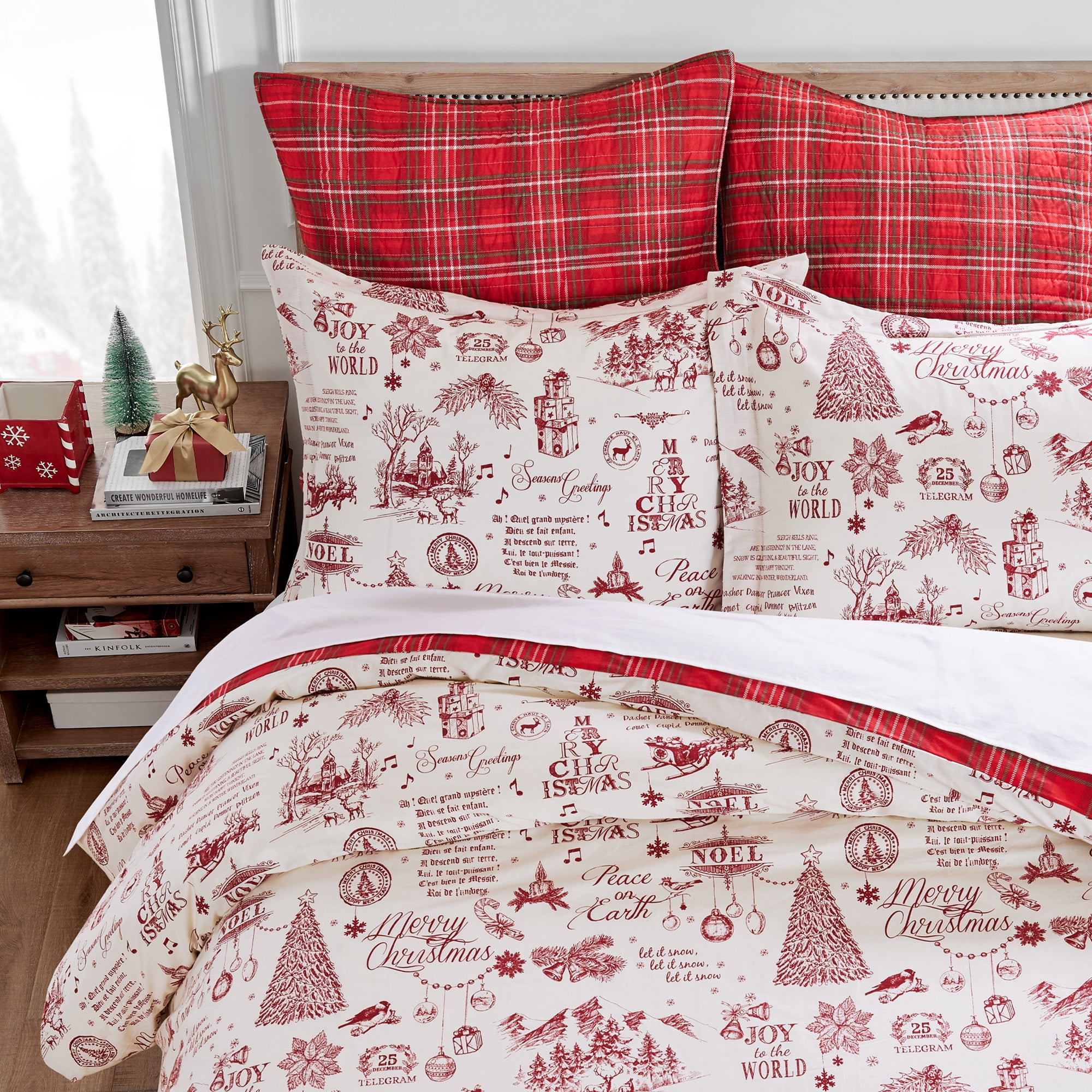 Levtex Home - Yuletide Comforter Set - Twin Comforter + One Standard Pillow Cases - Christmas Holiday Script - Red and Cream - Comforter (68 x 88in.) and Pillow Case (26 x 20in.) - Cotton