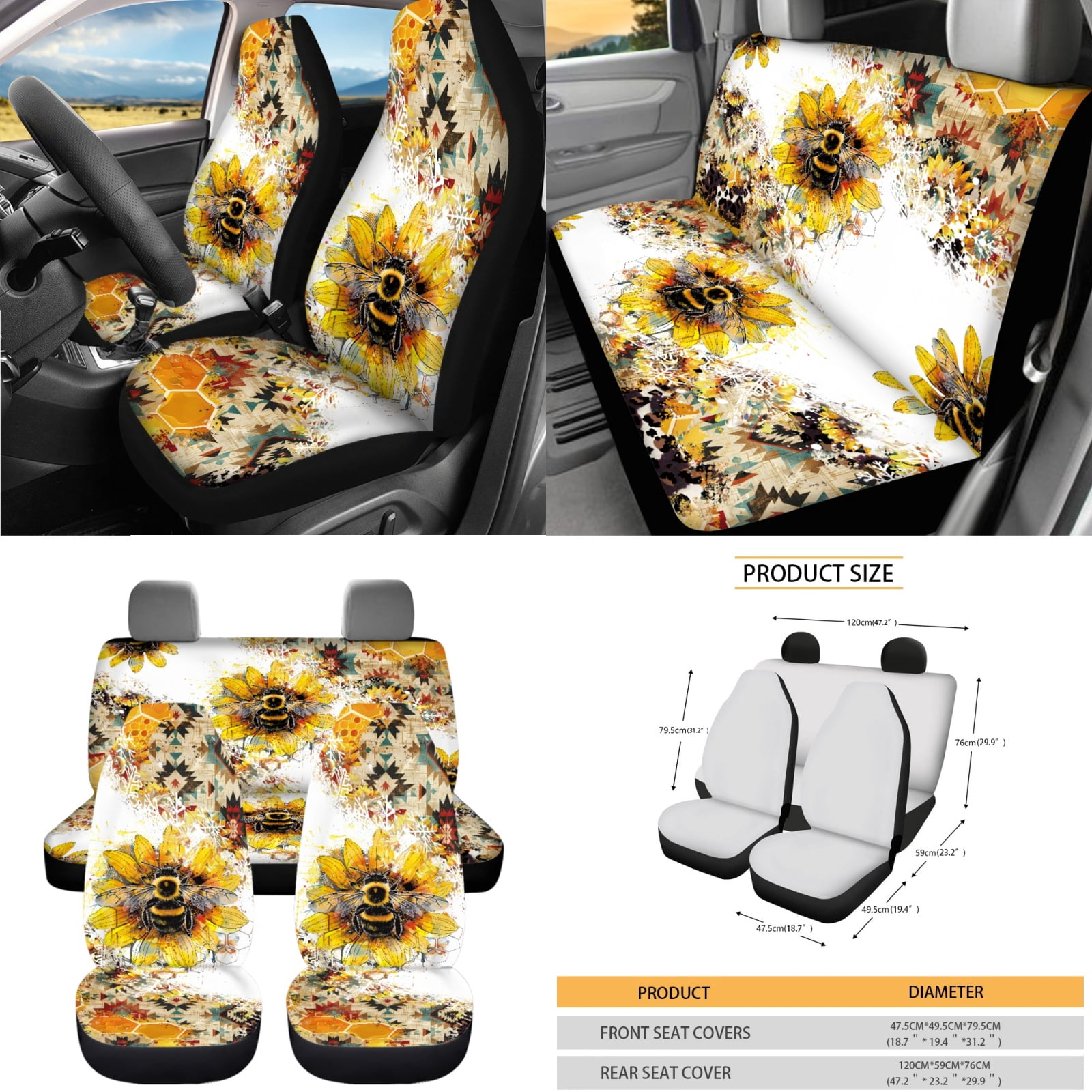 Yuyamidu Bee Car Seat Cover 15 PCS Sunflower Auto Front Back Seat Cover with Steering Wheel Cover Seat Belt Pads Trash Bin Auto Storage Organizer Rearview Mirror Cover Cup Holder Wrist Key Chain