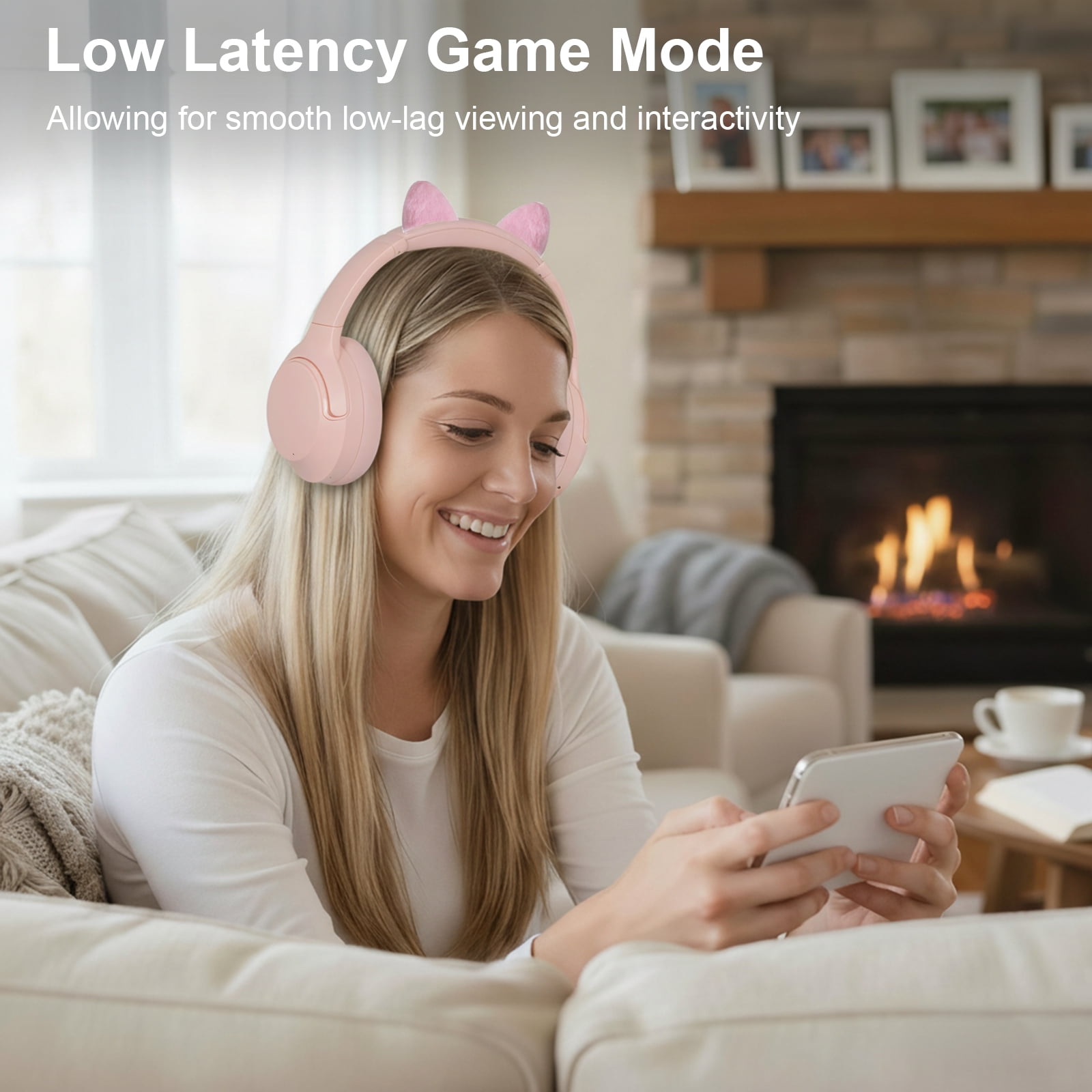 FOFUN NC50 Hybrid Active Noise Cancelling Headphones Wireless Bluetooth 6.0 with Plush Cat Ears, Foldable Over Ear Headphones, Custom EQ via App, 65 Hours Playtime, Low Latency Game Mode