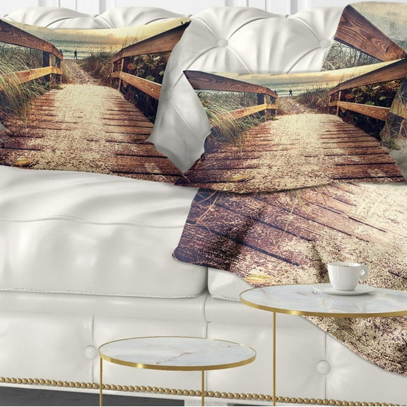 Designart Vintage Wooden Bridge To Seashore - Seashore Throw Pillow - 12x20
